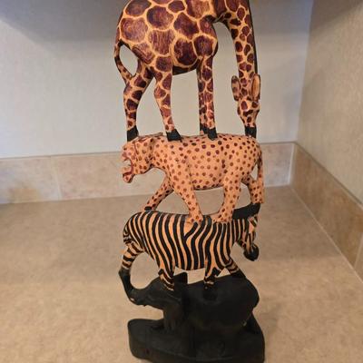 African Safari Decor Lot – Hand-Carved Animal Totem, Tribal Vase & Orange Glass votive holder