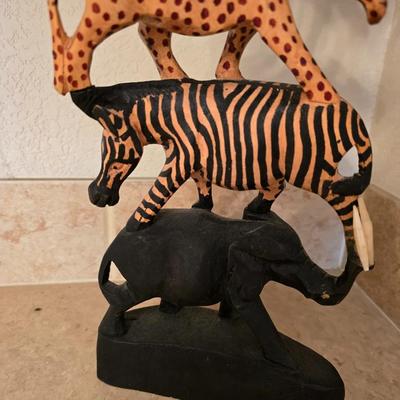 African Safari Decor Lot – Hand-Carved Animal Totem, Tribal Vase & Orange Glass votive holder