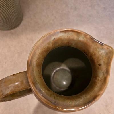 Pottery Decor Lot – Tall Textured Vase with Faux Grass & Glazed Pitcher