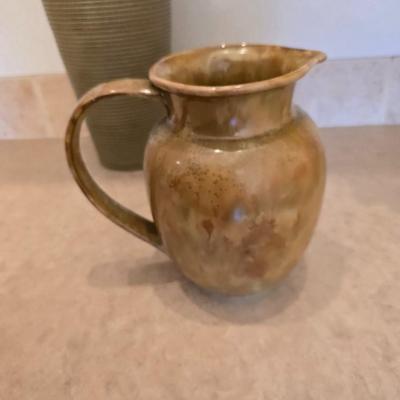 Pottery Decor Lot – Tall Textured Vase with Faux Grass & Glazed Pitcher