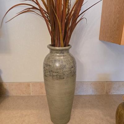 Pottery Decor Lot – Tall Textured Vase with Faux Grass & Glazed Pitcher