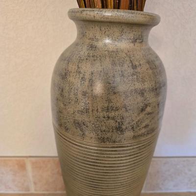 Pottery Decor Lot – Tall Textured Vase with Faux Grass & Glazed Pitcher