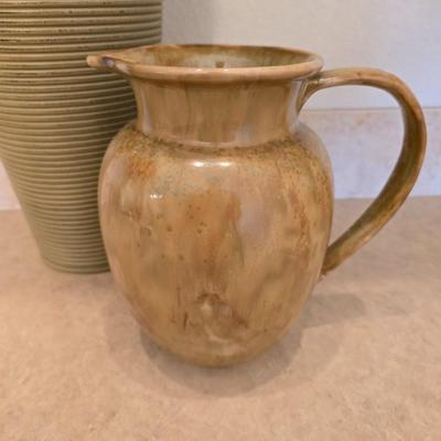 Pottery Decor Lot – Tall Textured Vase with Faux Grass & Glazed Pitcher