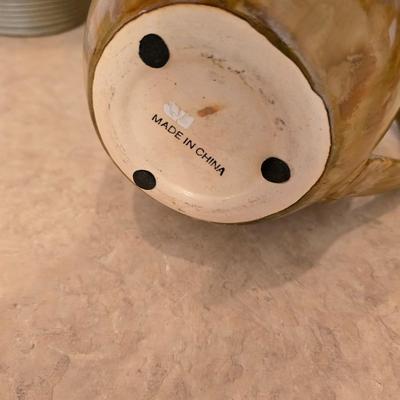 Pottery Decor Lot – Tall Textured Vase with Faux Grass & Glazed Pitcher