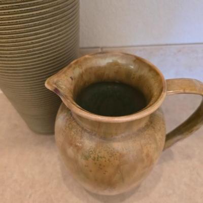 Pottery Decor Lot – Tall Textured Vase with Faux Grass & Glazed Pitcher