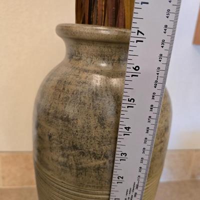 Pottery Decor Lot – Tall Textured Vase with Faux Grass & Glazed Pitcher