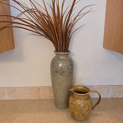 Pottery Decor Lot – Tall Textured Vase with Faux Grass & Glazed Pitcher