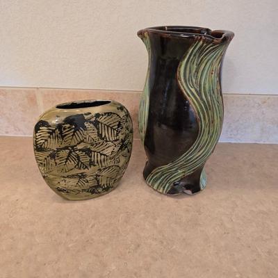 Handcrafted Pottery Vase Lot – Leaf Print & Sculpted Glaze Designs