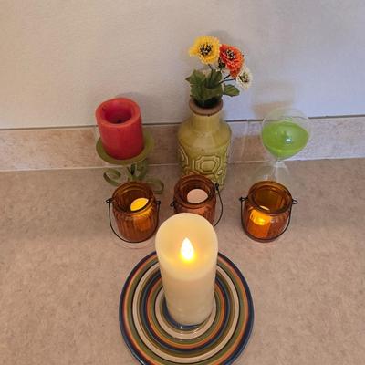 Eclectic Decor Lot – Ceramic Vase, LED Candle, Sand Timer & More