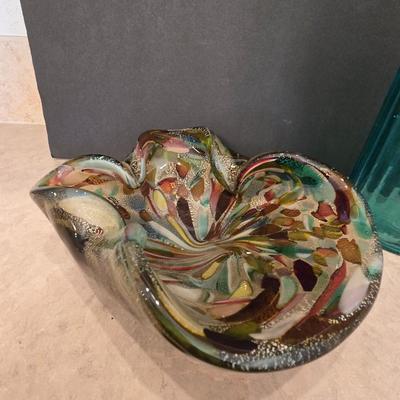 Art Glass Decor Lot – Murano-Style Swirl Dish & Ribbed Aqua Glass Bottle