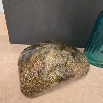 Art Glass Decor Lot – Murano-Style Swirl Dish & Ribbed Aqua Glass Bottle