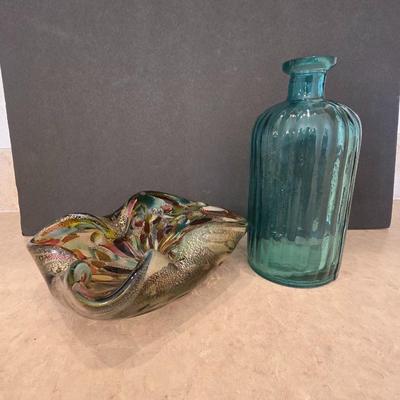 Art Glass Decor Lot – Murano-Style Swirl Dish & Ribbed Aqua Glass Bottle