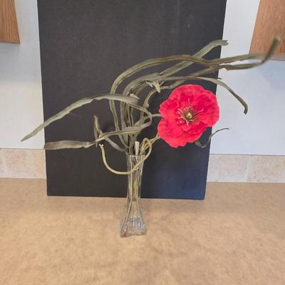 Framed Poppy Wall Art Print with Glass Vase & Faux Flower Accent