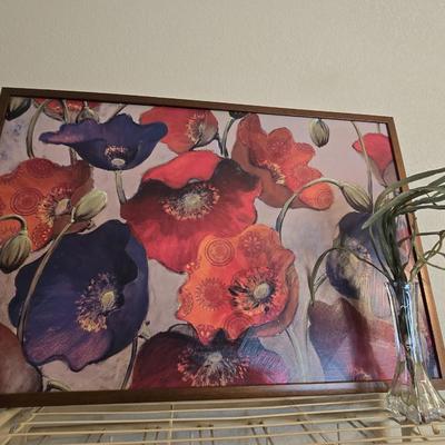 Framed Poppy Wall Art Print with Glass Vase & Faux Flower Accent