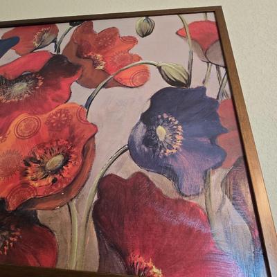 Framed Poppy Wall Art Print with Glass Vase & Faux Flower Accent