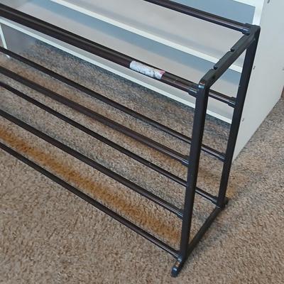 Utility Storage Lot – 3-Tier White Shelf & Black Metal Shoe Rack