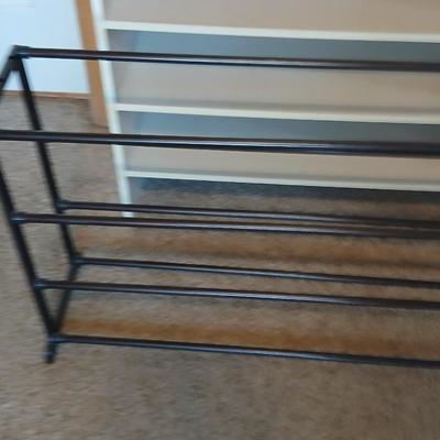 Utility Storage Lot – 3-Tier White Shelf & Black Metal Shoe Rack