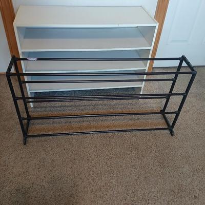 Utility Storage Lot – 3-Tier White Shelf & Black Metal Shoe Rack