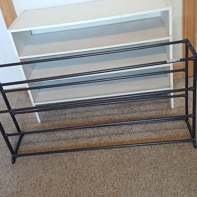 Utility Storage Lot – 3-Tier White Shelf & Black Metal Shoe Rack