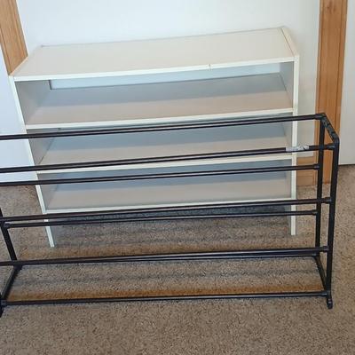 Utility Storage Lot – 3-Tier White Shelf & Black Metal Shoe Rack