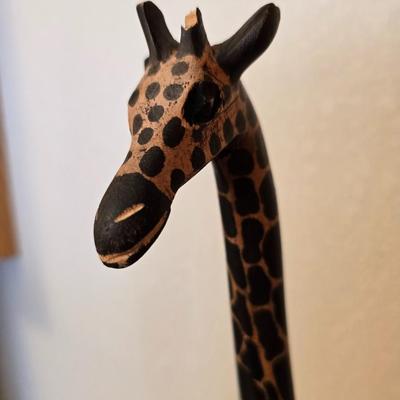 Safari-Inspired Decor Lot – Carved Giraffe, Framed Palm Print & Wooden Accent Vase