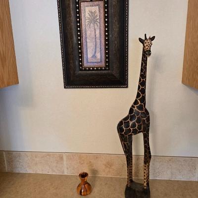 Safari-Inspired Decor Lot – Carved Giraffe, Framed Palm Print & Wooden Accent Vase