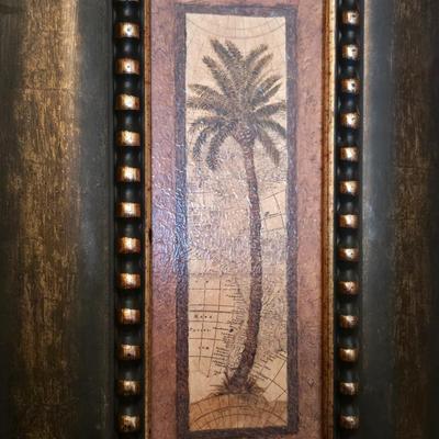 Safari-Inspired Decor Lot – Carved Giraffe, Framed Palm Print & Wooden Accent Vase