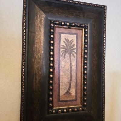Safari-Inspired Decor Lot – Carved Giraffe, Framed Palm Print & Wooden Accent Vase