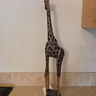 Safari-Inspired Decor Lot – Carved Giraffe, Framed Palm Print & Wooden Accent Vase