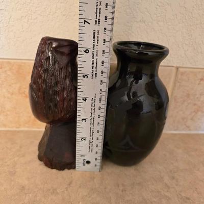 Southwest & Wildlife Decor Set – Black Etched Pottery, wooden Carved Eagle & Framed Print