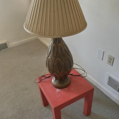 Large Ceramic Table Lamp with Pleated Shade & Small Orange Accent Table