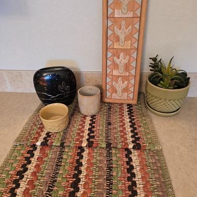 Southwest Decor Bundle – Cactus Art, Pottery, Succulent Planter & Woven Mats