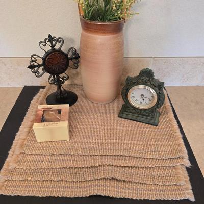 Neutral Rustic Decor Set – Pottery Vase, Clock, Candle, & Table Linens