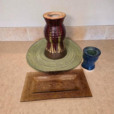 Decorative Pottery Set with Tray and Candle Holders