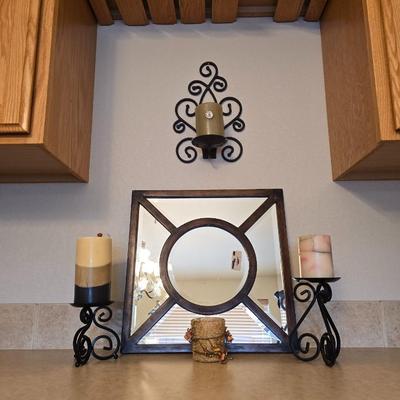 Decorative metal framed Mirror & Candle Holder Set with Wrought Iron Accents