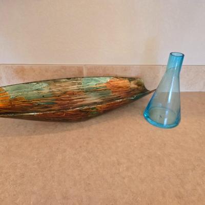 Abstract Ceramic Bowl & Blue Art Glass Vase