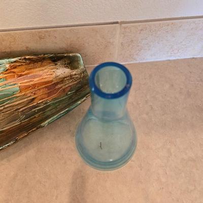 Abstract Ceramic Bowl & Blue Art Glass Vase