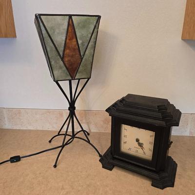 Stained Glass Accent Lamp & Black battery-operated Mantel Clock with hide-away!