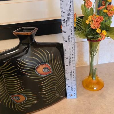 Peacock Vase, Glass Bud Vase, and Framed Butterfly Art