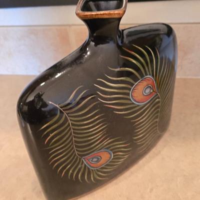 Peacock Vase, Glass Bud Vase, and Framed Butterfly Art