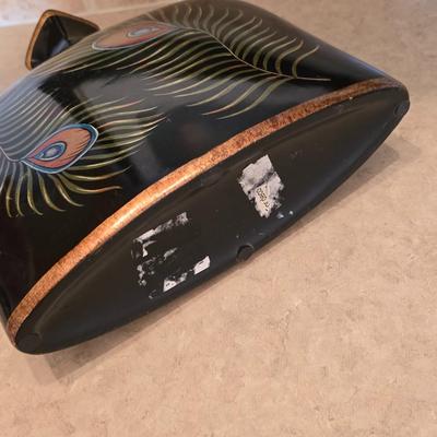 Peacock Vase, Glass Bud Vase, and Framed Butterfly Art