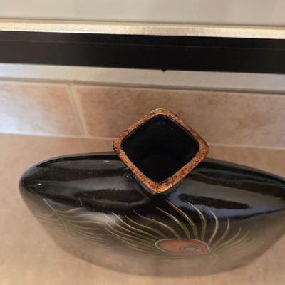 Peacock Vase, Glass Bud Vase, and Framed Butterfly Art