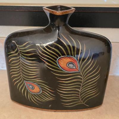 Peacock Vase, Glass Bud Vase, and Framed Butterfly Art