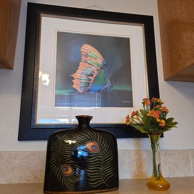 Peacock Vase, Glass Bud Vase, and Framed Butterfly Art