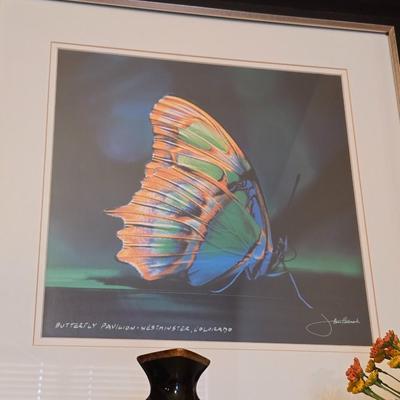 Peacock Vase, Glass Bud Vase, and Framed Butterfly Art