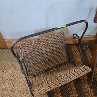 Antique Folding Chair & Miniature Wicker magazine rack