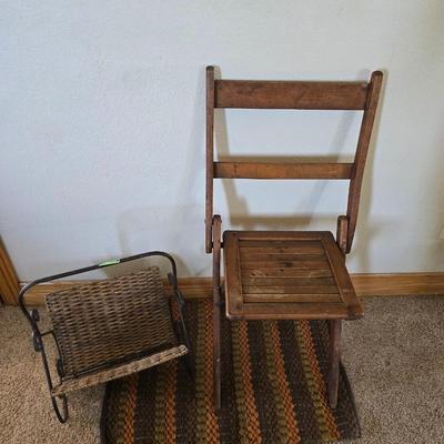Antique Folding Chair & Miniature Wicker magazine rack