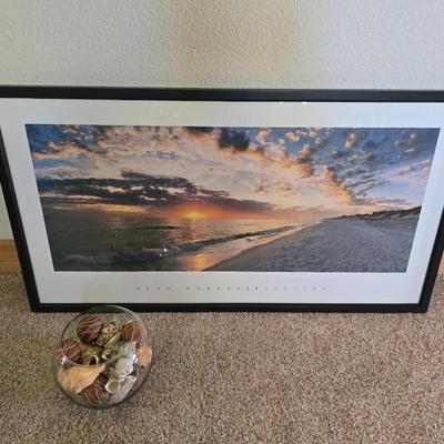 Framed Sunset Beach Print & Decorative Shell Bowl