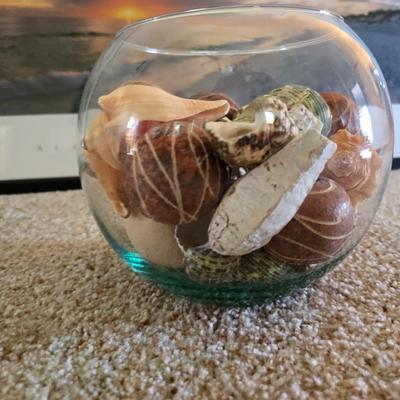 Framed Sunset Beach Print & Decorative Shell Bowl