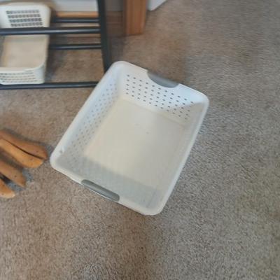 Shoe Rack with Assorted Baskets and Wooden Shoe Stretchers